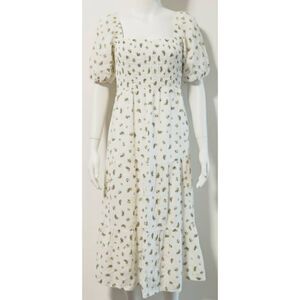Faithful the brand womens small square neck dress 100% linen ivory yellow boho